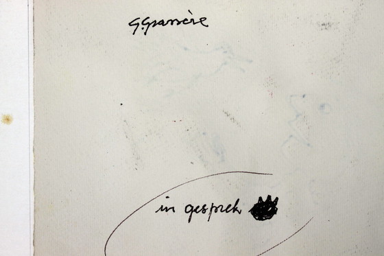 Image 1 of Gérard Grassère, ingekleurde pentekening - Man met vogel (“In gesprek”).