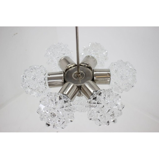 Vintage kroonluchter van glas en staal van Kamenický Šenov, Tsjecho-Slowakije 1960