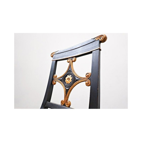 Image 1 of Set van 8 vintage zwarte en gouden eetkamerstoelen, België