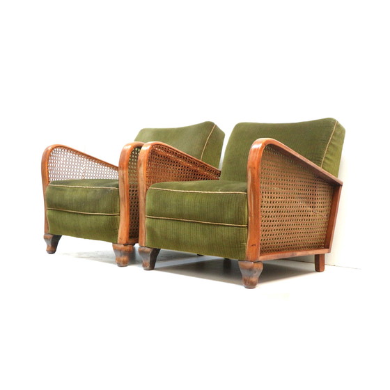 Image 1 of Set van 2 vintage fauteuils met groen fluwelen bekleding uit de jaren '60