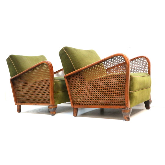 Image 1 of Set van 2 vintage fauteuils met groen fluwelen bekleding uit de jaren '60