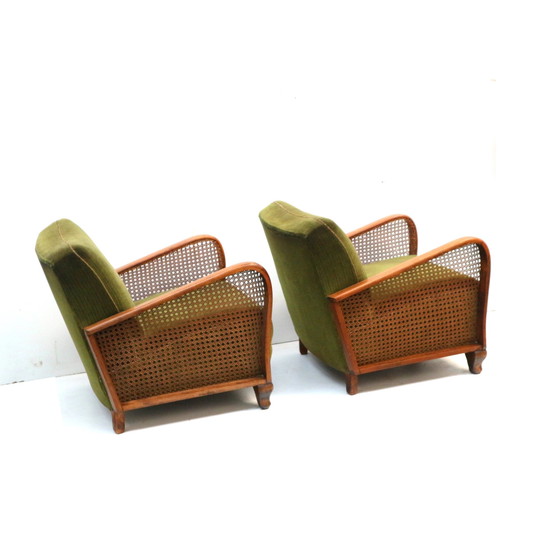 Image 1 of Set van 2 vintage fauteuils met groen fluwelen bekleding uit de jaren '60