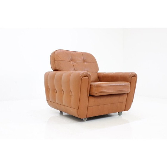 Image 1 of Mid-century lichtbruin leren fauteuil met wielen - 1970