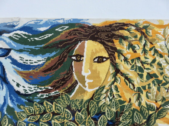 Image 1 of Groot wandtapijt, canvas, futuristisch, gestileerde vrouw, modernistisch, 1960 70