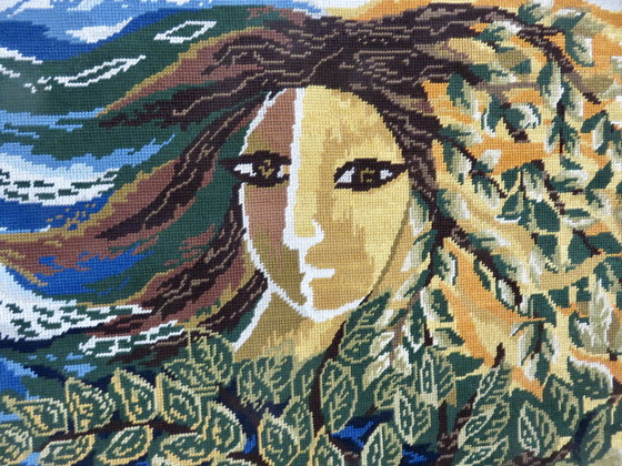 Image 1 of Groot wandtapijt, canvas, futuristisch, gestileerde vrouw, modernistisch, 1960 70