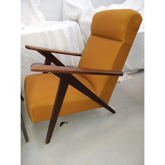 Image 1 of Paar vintage houten en stoffen fauteuils, jaren 1950-1960