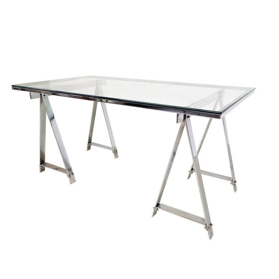 Image 1 of Mid-eeuwse eettafel van chroom en glas, Italië 1970