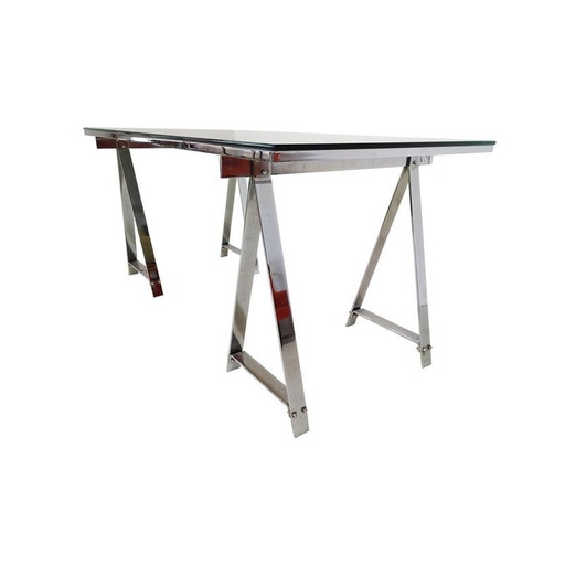 Mid-eeuwse eettafel van chroom en glas, Italië 1970