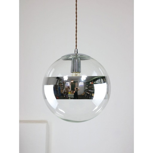 Vintage bol hanglamp van glas en chroom, Italië 1990