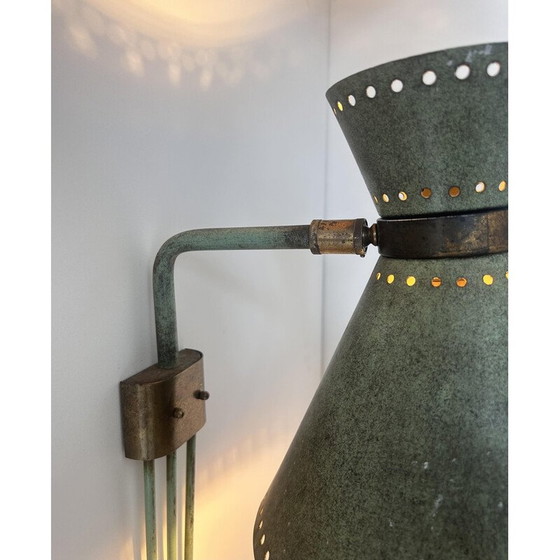 Image 1 of Vintage verstelbare wandlamp in messing en gepatineerd groen, Italië 1950