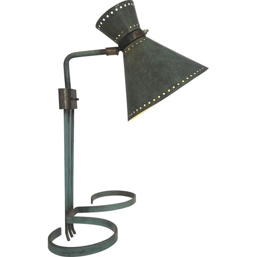 Vintage verstelbare wandlamp in messing en gepatineerd groen, Italië 1950