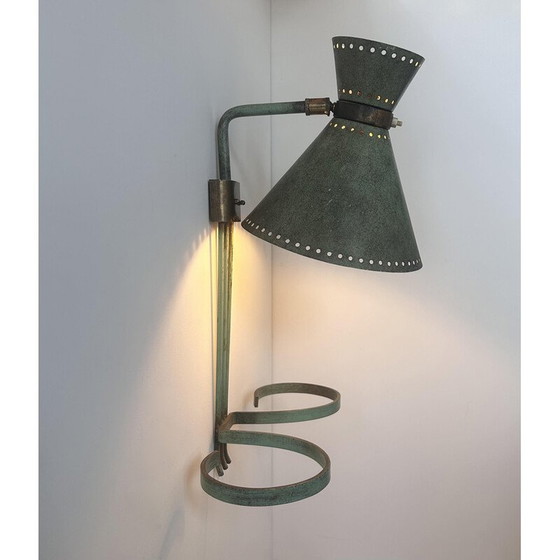 Image 1 of Vintage verstelbare wandlamp in messing en gepatineerd groen, Italië 1950