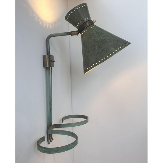 Image 1 of Vintage verstelbare wandlamp in messing en gepatineerd groen, Italië 1950