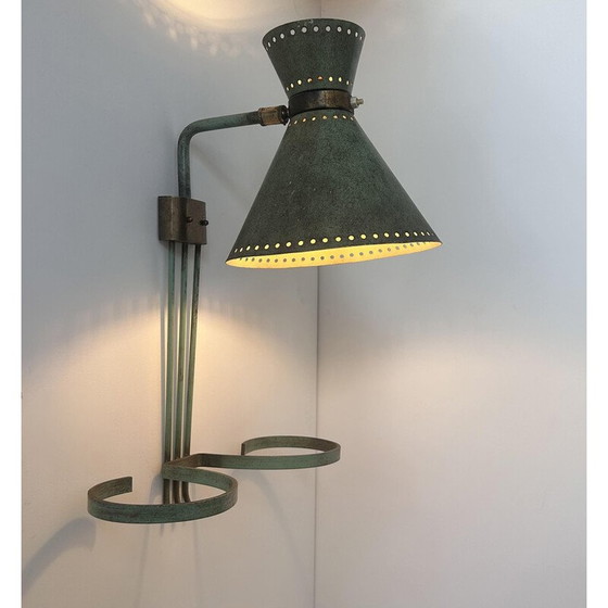 Image 1 of Vintage verstelbare wandlamp in messing en gepatineerd groen, Italië 1950