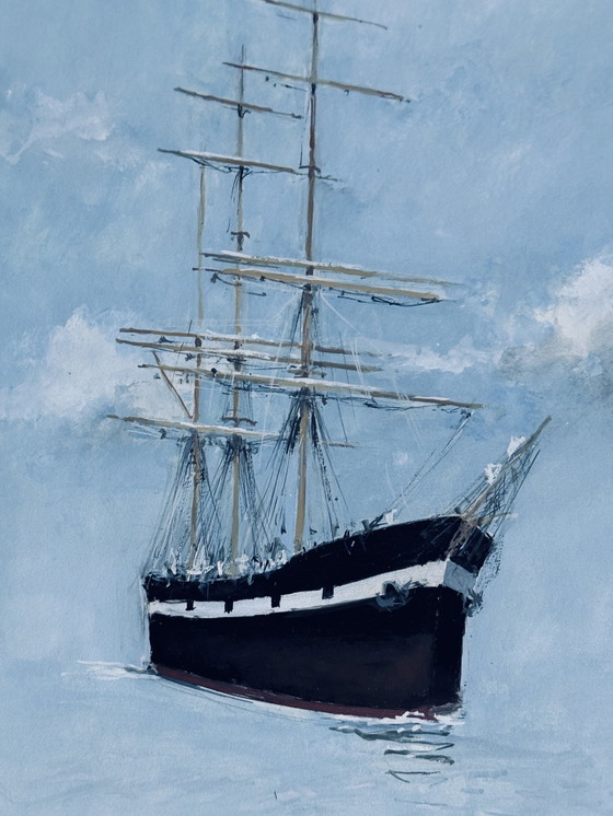 Image 1 of René Marie Dujardin 1913-2002 Prachtige aquarel met twee schepen op zee