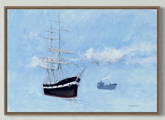 Image 1 of René Marie Dujardin 1913-2002 Prachtige aquarel met twee schepen op zee