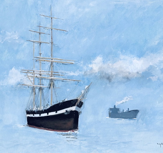 Image 1 of René Marie Dujardin 1913-2002 Prachtige aquarel met twee schepen op zee