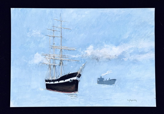 Image 1 of René Marie Dujardin 1913-2002 Prachtige aquarel met twee schepen op zee