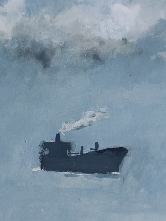 Image 1 of René Marie Dujardin 1913-2002 Prachtige aquarel met twee schepen op zee