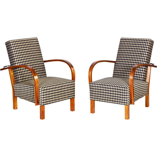 Paar vintage fauteuils van walnoot en verchroomd staal, Tsjecho-Slowakije 1930