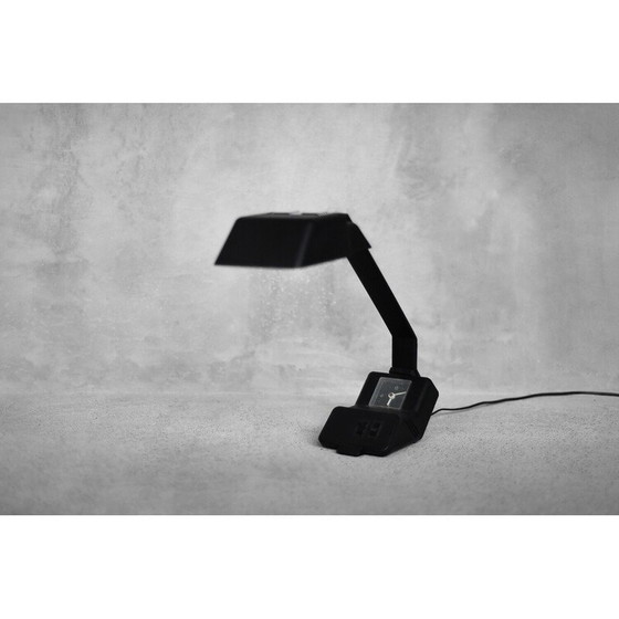 Image 1 of Vintage zwarte kunststof bureaulamp met klok van Wojciech Dybek voor Polamp Pułtusk, 1987
