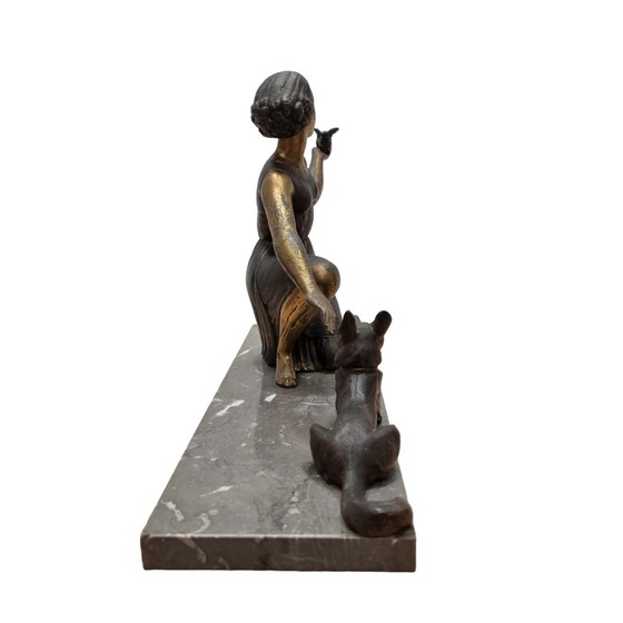 Image 1 of Frans Art Deco Beeld Van Een Dame Met Herder, Jaren 30