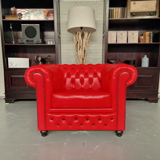 Brighton 1-Zits Classic Chesterfield Fauteuil – Rood met Zwarte Knopen, Leer