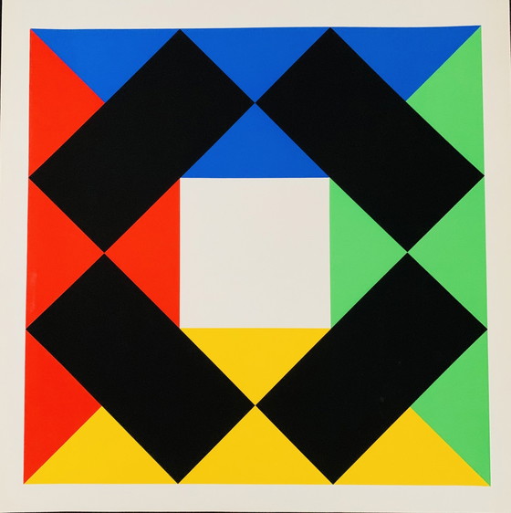 Image 1 of Max Bill “Compositie Met Wit Centrum”. Bauhaus stijl. Originele Zeefdruk.