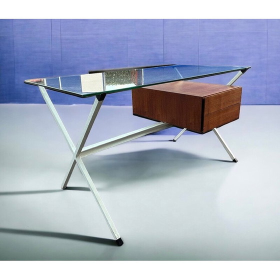 Image 1 of Vintage N80D bureau in wit gelakt staal en glas van Franco Albini