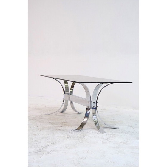 Image 1 of Vintage salontafel van verchroomd staal en dik rookglas, 1960