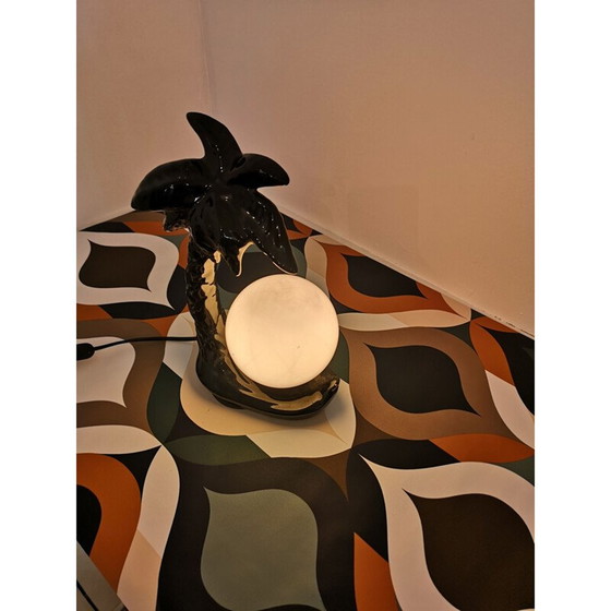 Image 1 of Vintage zwarte keramische palmboom lamp met opaline bol, 1970