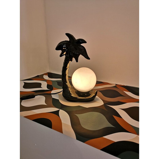 Image 1 of Vintage zwarte keramische palmboom lamp met opaline bol, 1970