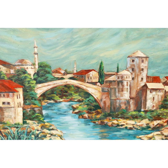 Image 1 of Vintage "Mostar in Bosnië" olieverf op board door Alfred Zährl, jaren 1940