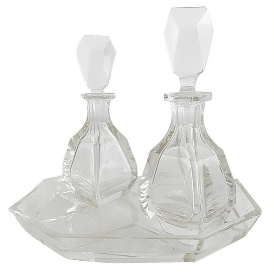 Image 1 of Artdeco parfumflesjes karafjes set kristal met dienblaadje 1920's