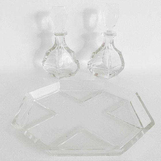 Image 1 of Artdeco parfumflesjes karafjes set kristal met dienblaadje 1920's