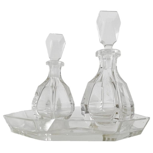 Artdeco parfumflesjes karafjes set kristal met dienblaadje 1920's