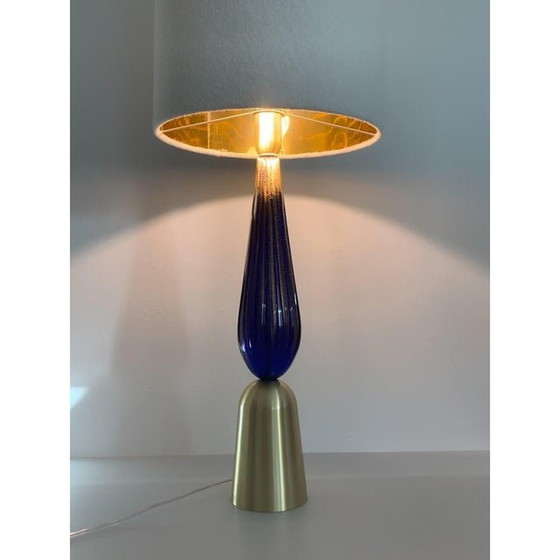 Image 1 of Set van 2 hedendaagse gouden en blauwe Murano-glazen tafellampen met bladgoud