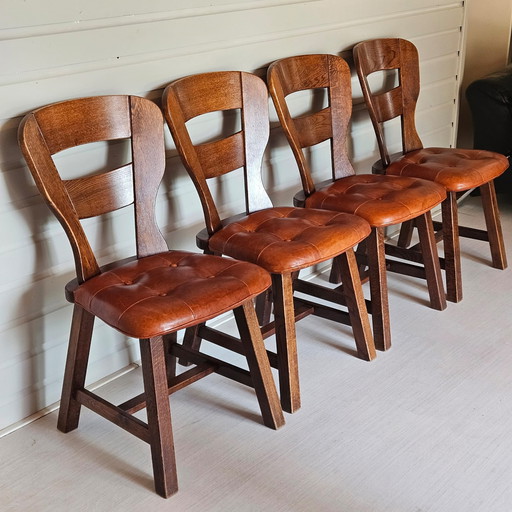 4x VIntage eikenhouten vintage eetstoelen met lederen zitting