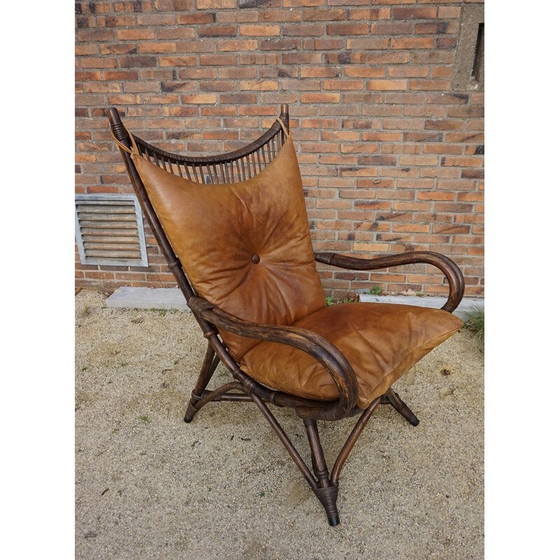 Image 1 of Vintage bamboe en lederen "sculpturale waaierrug" lounge stoel, jaren 1960