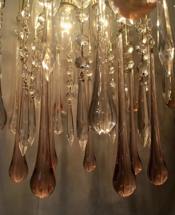 Image 1 of Vintage roze kroonluchter hanglamp XL formaat goud frame 