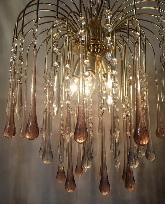 Image 1 of Vintage roze kroonluchter hanglamp XL formaat goud frame 