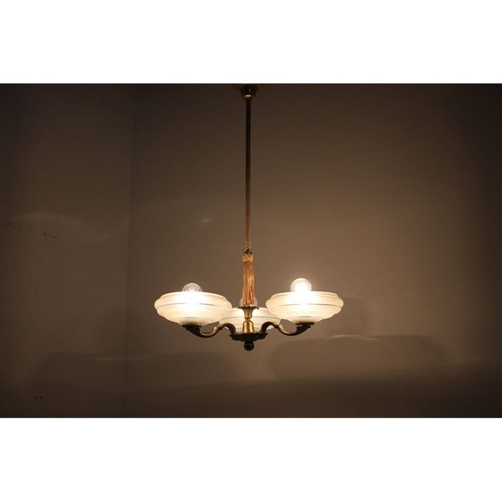 Image 1 of Vintage Art Deco kroonluchter van messing en glas, Tsjecho-Slowakije 1930