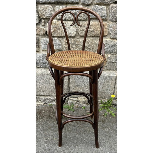 Vintage barkruk van gebogen en rietgedraaid beukenhout van Mickael Thonet, Roemenië