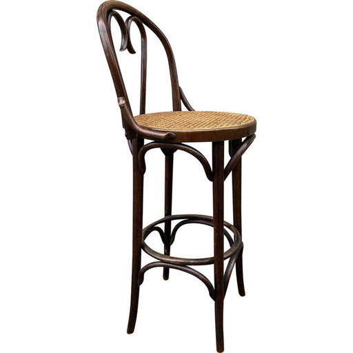 Vintage barkruk van gebogen en rietgedraaid beukenhout van Mickael Thonet, Roemenië