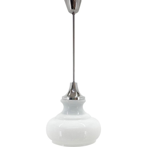 Vintage hanglamp in chroom en melkglas, Tsjechoslowakije 1970