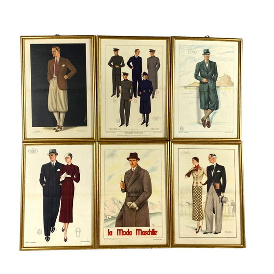 Image 1 of Set van 6 vintage illustraties "La Moda Maschile" in verguld hout met glas, Italië 1930