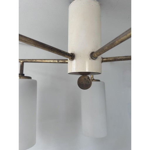 Vintage 5-armige messing en opaline plafondlamp, Italië 1950