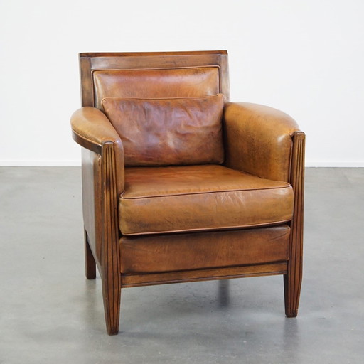 Schapenleren Art Deco Armchair Met Sierkussen