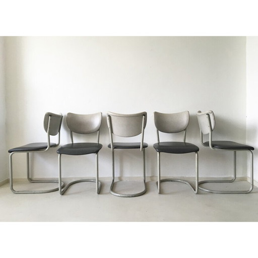 Set van 10 Gispen stoelen in grijs kunstleer, Gebroeders DE WIT - 1950