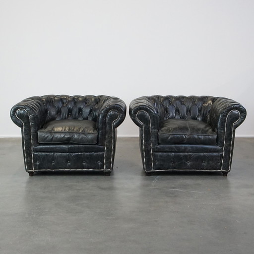 2 X Zwarte Rundleren Chesterfield Fauteuil